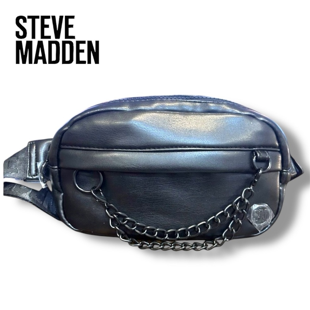 Steve Madden Black Faux Leather with Chain Crossbody Purse Bag